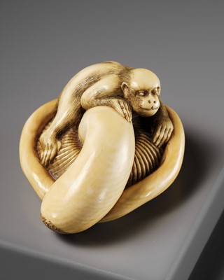 A SUPERB IVORY NETSUKE OF A MONKEY ON AN UPTURNED MUSHROOM, ATTRIBUTED TO OKATOMO