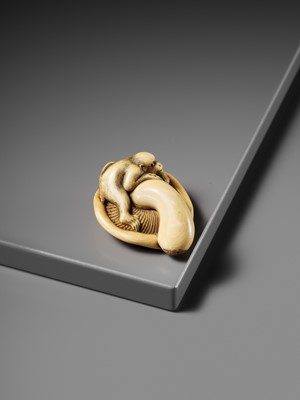 A SUPERB IVORY NETSUKE OF A MONKEY ON AN UPTURNED MUSHROOM, ATTRIBUTED TO OKATOMO