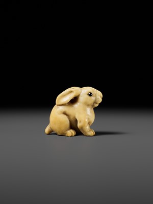 Lot 83 - YOSHIMASA: A SUBERB KYOTO SCHOOL MARINE IVORY NETSUKE OF A RABBIT