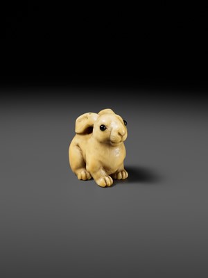 Lot 83 - YOSHIMASA: A SUBERB KYOTO SCHOOL MARINE IVORY NETSUKE OF A RABBIT