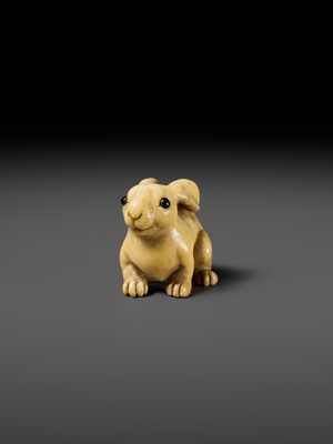 Lot 83 - YOSHIMASA: A SUBERB KYOTO SCHOOL MARINE IVORY NETSUKE OF A RABBIT