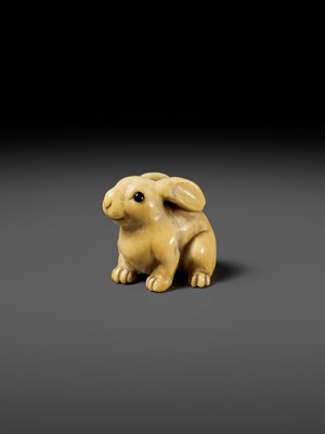 Lot 83 - YOSHIMASA: A SUBERB KYOTO SCHOOL MARINE IVORY NETSUKE OF A RABBIT