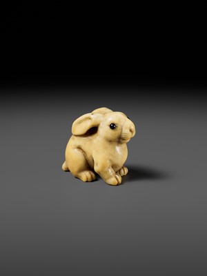 Lot 83 - YOSHIMASA: A SUBERB KYOTO SCHOOL MARINE IVORY NETSUKE OF A RABBIT