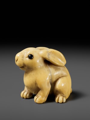 Lot 83 - YOSHIMASA: A SUBERB KYOTO SCHOOL MARINE IVORY NETSUKE OF A RABBIT