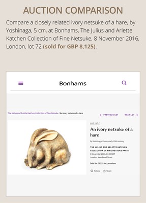 Lot 83 - YOSHIMASA: A SUBERB KYOTO SCHOOL MARINE IVORY NETSUKE OF A RABBIT