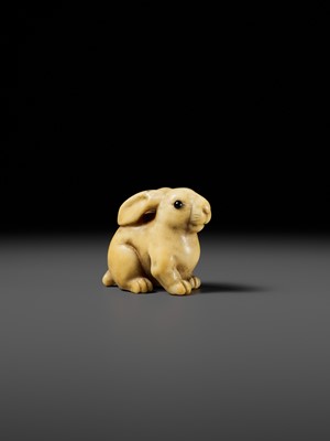 Lot 83 - YOSHIMASA: A SUBERB KYOTO SCHOOL MARINE IVORY NETSUKE OF A RABBIT