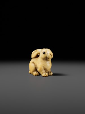 Lot 83 - YOSHIMASA: A SUBERB KYOTO SCHOOL MARINE IVORY NETSUKE OF A RABBIT