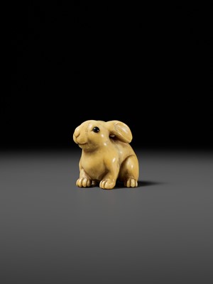 Lot 83 - YOSHIMASA: A SUBERB KYOTO SCHOOL MARINE IVORY NETSUKE OF A RABBIT