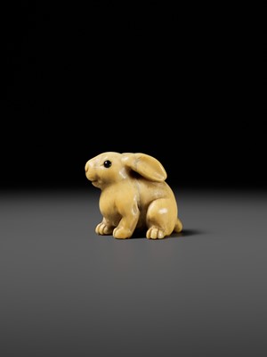 Lot 83 - YOSHIMASA: A SUBERB KYOTO SCHOOL MARINE IVORY NETSUKE OF A RABBIT