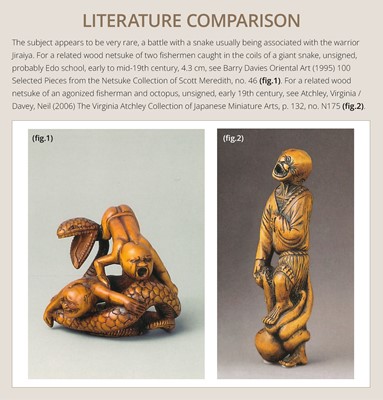 Lot 203 - KEISAI: A RARE EDO SCHOOL WOOD NETSUKE OF AN AGONISED MONK BATTLING A SNAKE