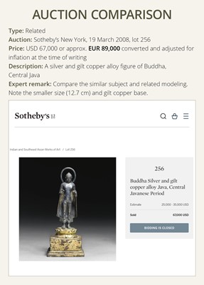 Lot 220 - A LARGE SILVER AND COPPER-ALLOY FIGURE OF BUDDHA SHAKYAMUNI, CENTRAL JAVA, CIRCA 9TH CENTURY