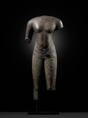 Lot 403 - A POLISHED SANDSTONE TORSO OF A MALE DEITY,