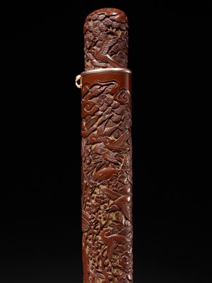 Lot 291 - MATSUKI HOKEI: A SUPERB TSUISHU LACQUER KISERUZUTSU (PIPE CASE) WITH AN EAGLE CHASING BIRDS