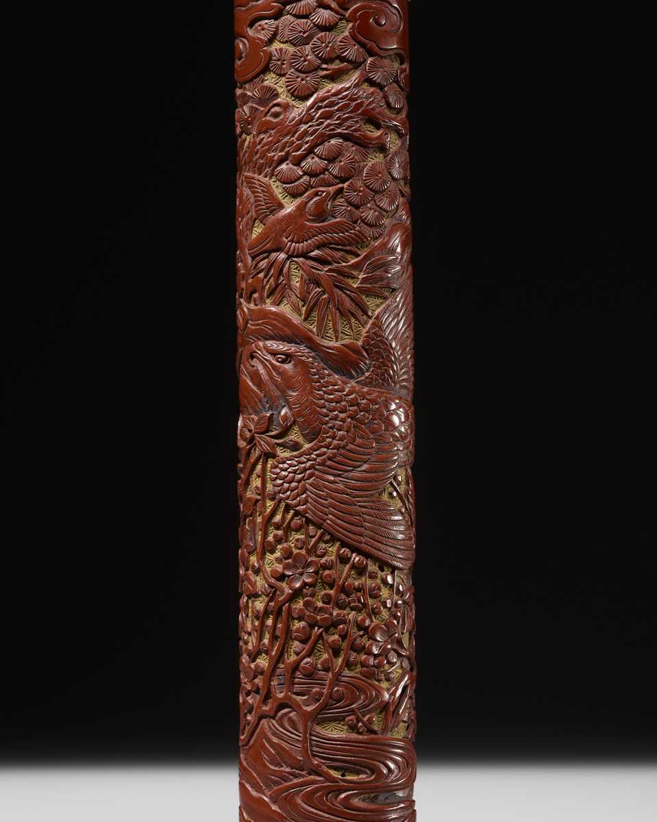 Lot 291 - MATSUKI HOKEI: A SUPERB TSUISHU LACQUER KISERUZUTSU (PIPE CASE) WITH AN EAGLE CHASING BIRDS