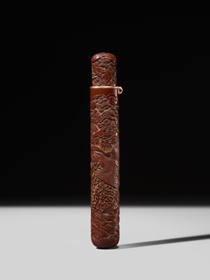 Lot 291 - MATSUKI HOKEI: A SUPERB TSUISHU LACQUER KISERUZUTSU (PIPE CASE) WITH AN EAGLE CHASING BIRDS