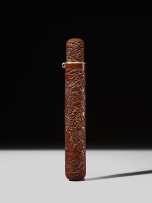 Lot 291 - MATSUKI HOKEI: A SUPERB TSUISHU LACQUER KISERUZUTSU (PIPE CASE) WITH AN EAGLE CHASING BIRDS