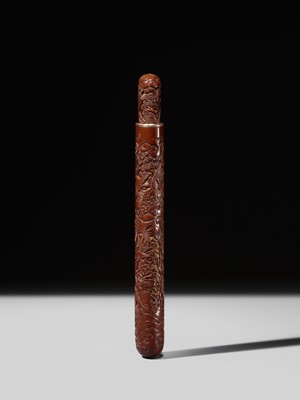 Lot 291 - MATSUKI HOKEI: A SUPERB TSUISHU LACQUER KISERUZUTSU (PIPE CASE) WITH AN EAGLE CHASING BIRDS