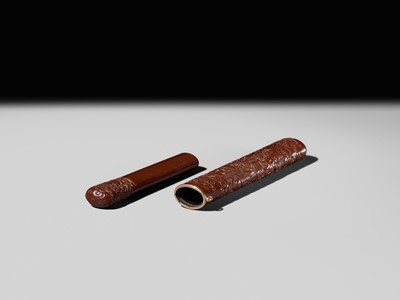 Lot 291 - MATSUKI HOKEI: A SUPERB TSUISHU LACQUER KISERUZUTSU (PIPE CASE) WITH AN EAGLE CHASING BIRDS