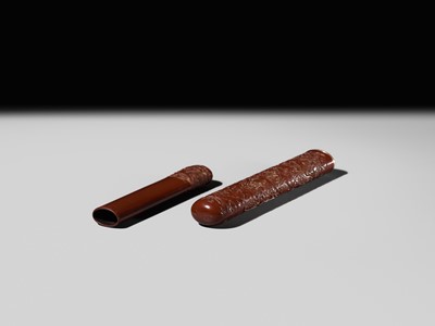 Lot 291 - MATSUKI HOKEI: A SUPERB TSUISHU LACQUER KISERUZUTSU (PIPE CASE) WITH AN EAGLE CHASING BIRDS