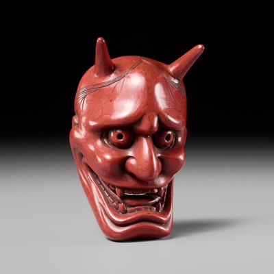 Lot 356 - SOSO: A SUPERB TSUISHU (CARVED RED LACQUER) MASK NETSUKE OF HANNYA