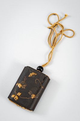 Lot 1414 - A SIDE-OPENING LACQUER INRO WITH A GRASSHOPPER ON LEAFY VINES