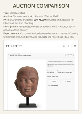 Lot 195 - A LARGE PINK SANDSTONE HEAD OF BUDDHA, MATHURA, KUSHAN PERIOD