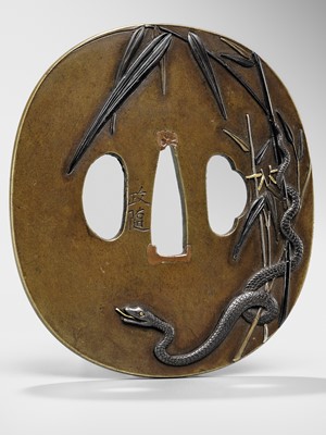 Lot 86 - MASAYUKI: A FINE HAMANO SCHOOL MIXED METAL TSUBA DEPICTING A SNAKE PREYING ON A FROG (SANSUKUMI)