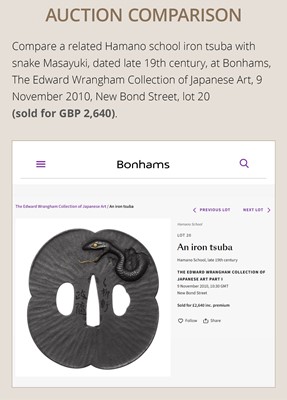 Lot 86 - MASAYUKI: A FINE HAMANO SCHOOL MIXED METAL TSUBA DEPICTING A SNAKE PREYING ON A FROG (SANSUKUMI)