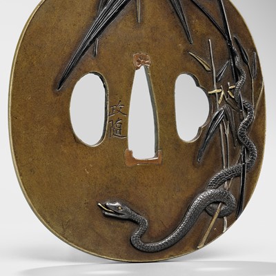 Lot 86 - MASAYUKI: A FINE HAMANO SCHOOL MIXED METAL TSUBA DEPICTING A SNAKE PREYING ON A FROG (SANSUKUMI)