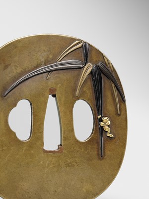Lot 86 - MASAYUKI: A FINE HAMANO SCHOOL MIXED METAL TSUBA DEPICTING A SNAKE PREYING ON A FROG (SANSUKUMI)