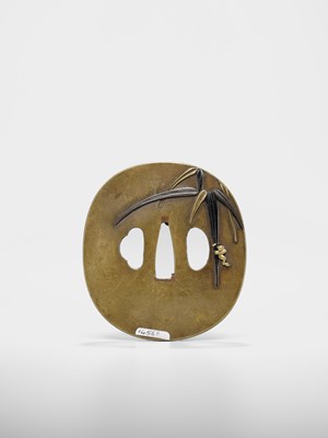 Lot 86 - MASAYUKI: A FINE HAMANO SCHOOL MIXED METAL TSUBA DEPICTING A SNAKE PREYING ON A FROG (SANSUKUMI)