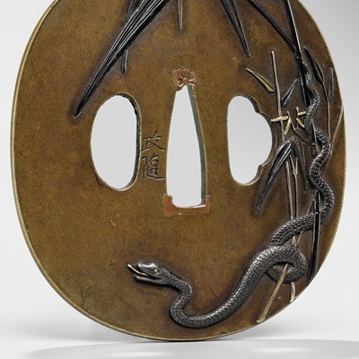 Lot 86 - MASAYUKI: A FINE HAMANO SCHOOL MIXED METAL TSUBA DEPICTING A SNAKE PREYING ON A FROG (SANSUKUMI)