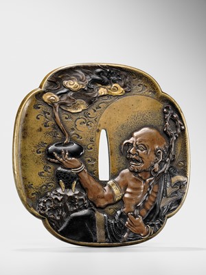 Lot 103 - ICHIO: A LARGE BAKUMATSU SENTOKU TSUBA DEPICTING THE RAKAN HANDAKA SONJA, DATED 1861
