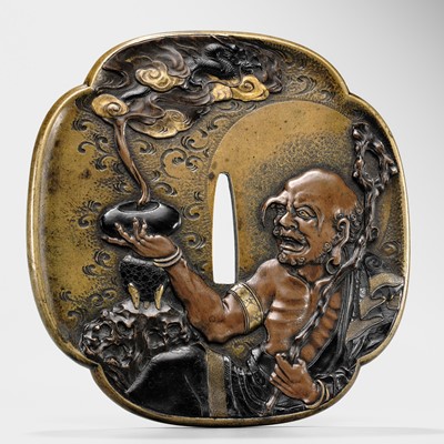 Lot 103 - ICHIO: A LARGE BAKUMATSU SENTOKU TSUBA DEPICTING THE RAKAN HANDAKA SONJA, DATED 1861