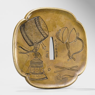 Lot 103 - ICHIO: A LARGE BAKUMATSU SENTOKU TSUBA DEPICTING THE RAKAN HANDAKA SONJA, DATED 1861