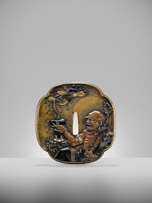 Lot 103 - ICHIO: A LARGE BAKUMATSU SENTOKU TSUBA DEPICTING THE RAKAN HANDAKA SONJA, DATED 1861