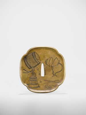 Lot 103 - ICHIO: A LARGE BAKUMATSU SENTOKU TSUBA DEPICTING THE RAKAN HANDAKA SONJA, DATED 1861