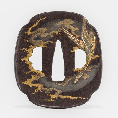 Lot 615 - A FINE IRON TSUBA WITH A GOOSE FLYING AT NIGHT