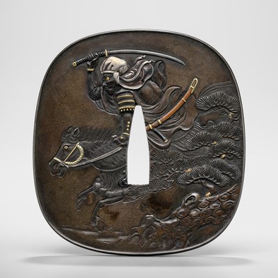 Lot 100 - ICHIRYU TOMOYOSHI: A SUPERB SHIBUICHI TSUBA WITH A SAMURAI ON HORSEBACK, DATED 1841