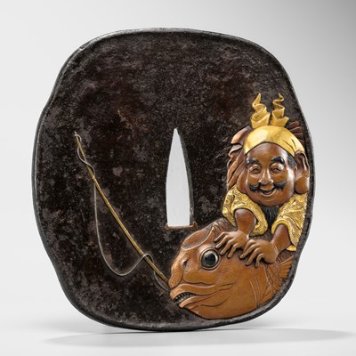 Lot 69 - OTSUKI MITSUOKI: A SUPERB INLAID IRON TSUBA WITH EBISU AND CARP, DATED 1803