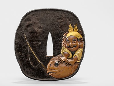 Lot 69 - OTSUKI MITSUOKI: A SUPERB INLAID IRON TSUBA WITH EBISU AND CARP, DATED 1803