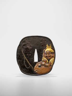 Lot 69 - OTSUKI MITSUOKI: A SUPERB INLAID IRON TSUBA WITH EBISU AND CARP, DATED 1803