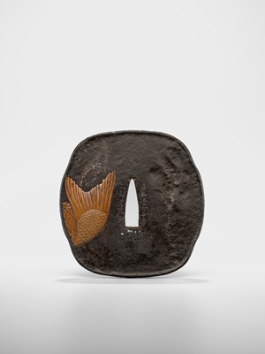 Lot 69 - OTSUKI MITSUOKI: A SUPERB INLAID IRON TSUBA WITH EBISU AND CARP, DATED 1803