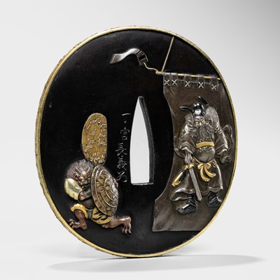 Lot 91 - ICHINOMIYA NAGAYOSHI: A FINE AND AMUSING SHAKUDO TSUBA DEPICTING AN ONI SCARED OF SHOKI