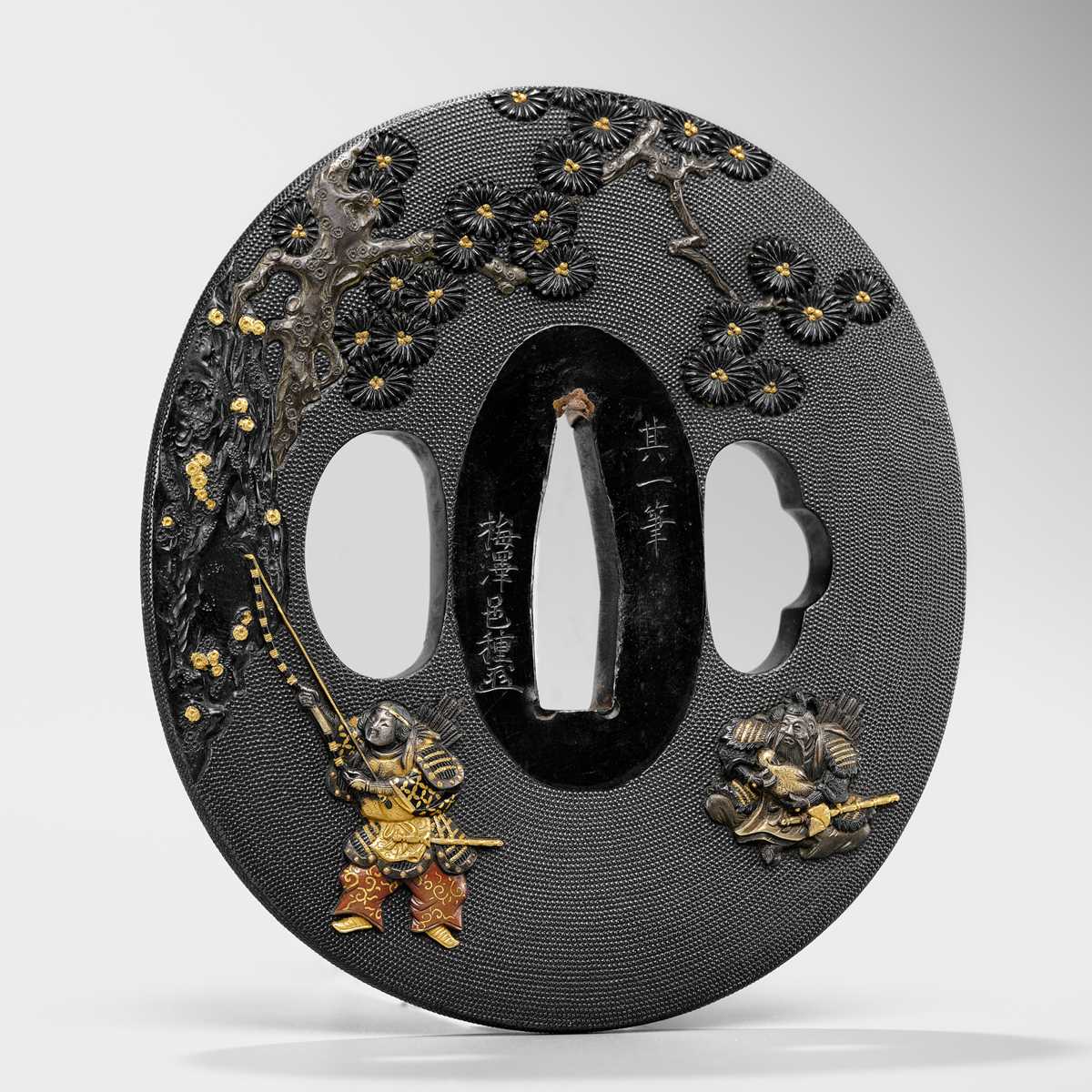 Lot 92 - UMEZAWA KUNITANE: A FINE SHAKUDO TSUBA WITH KAJIWARA KAGETOKI AND MINAMOTO NO YORITOMO