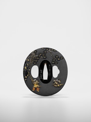 Lot 92 - UMEZAWA KUNITANE: A FINE SHAKUDO TSUBA WITH KAJIWARA KAGETOKI AND MINAMOTO NO YORITOMO