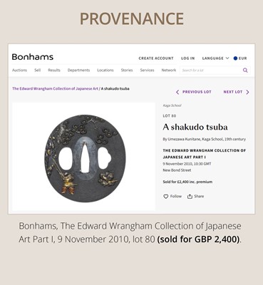 Lot 92 - UMEZAWA KUNITANE: A FINE SHAKUDO TSUBA WITH KAJIWARA KAGETOKI AND MINAMOTO NO YORITOMO