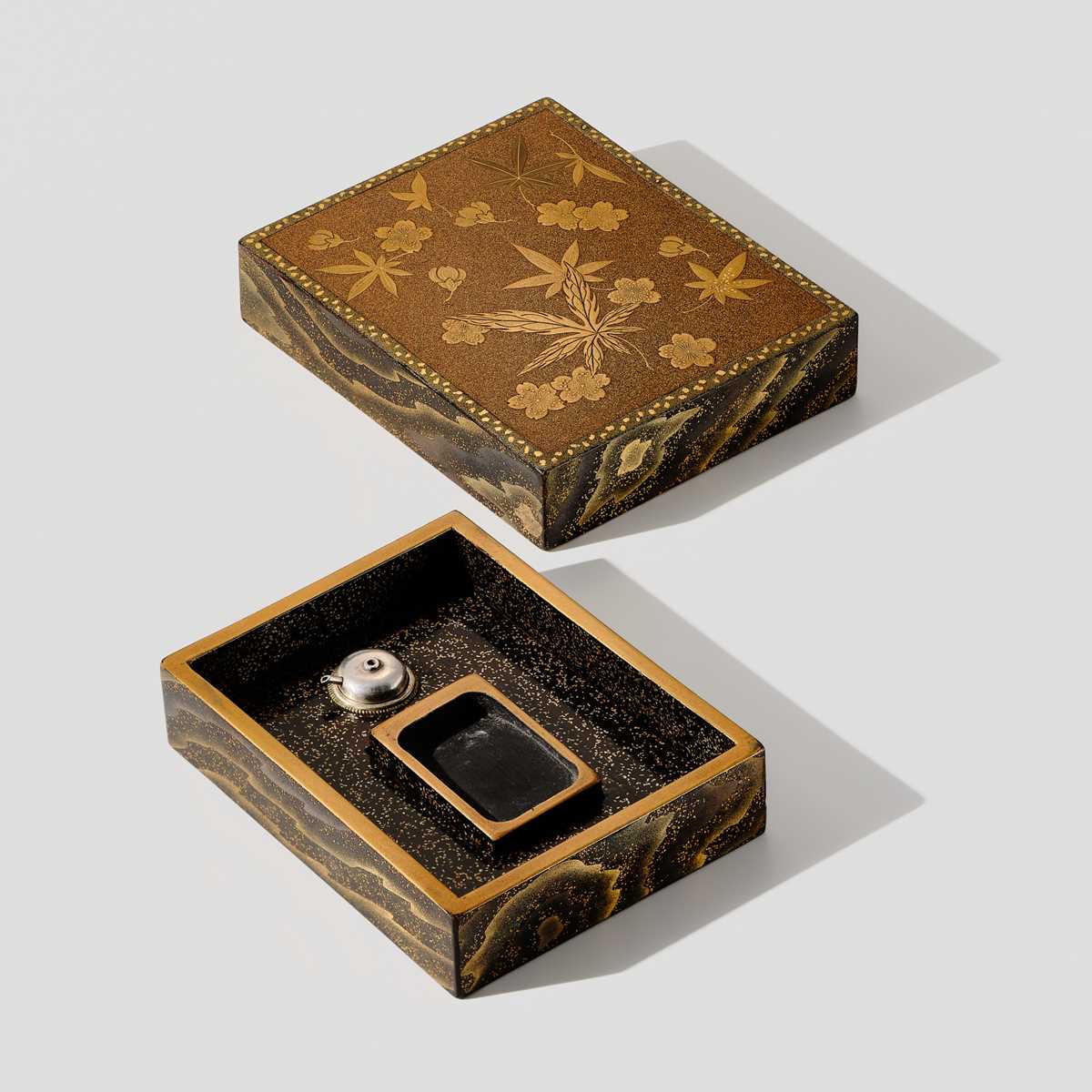 Lot 147 - A RARE MINIATURE LACQUER SUZURIBAKO (WRITING BOX) WITH CHERRY AND MAPLE