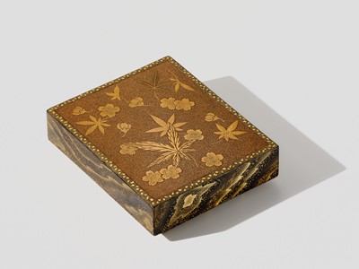 Lot 147 - A RARE MINIATURE LACQUER SUZURIBAKO (WRITING BOX) WITH CHERRY AND MAPLE