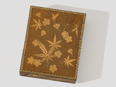 Lot 147 - A RARE MINIATURE LACQUER SUZURIBAKO (WRITING BOX) WITH CHERRY AND MAPLE